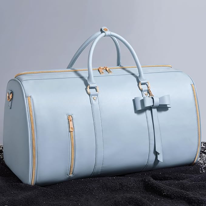Travel Duffel Bag, Convertible Travel Garment Bag for Women, Fashion & Cute Carry On Duffle Bag w/Shoes Pouch, 2 in 1 Foldable PU Leather Hanging Duffle Bag, Single-Zipper Design, Blue