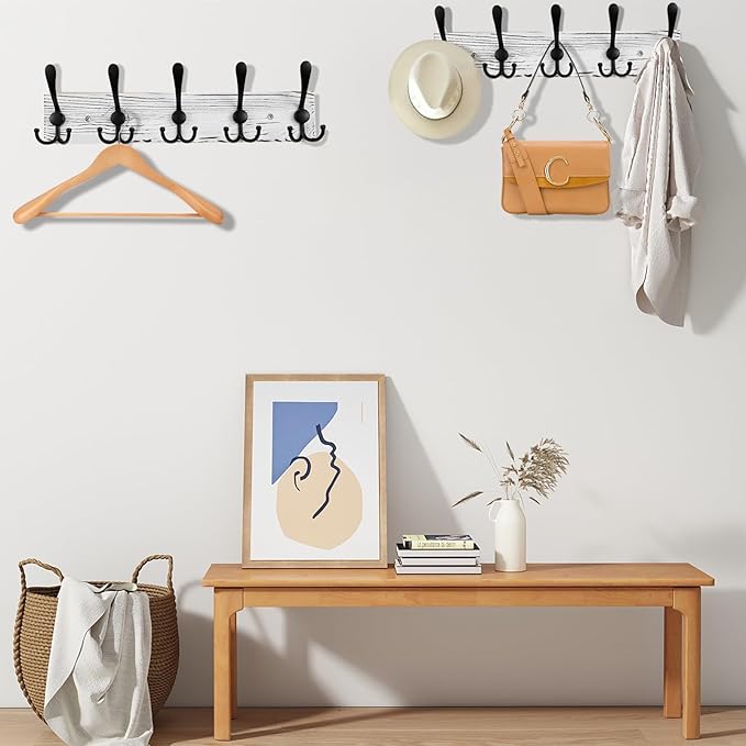 2pcs Coat Rack Wall Mount Wooden Hat Rack for Wall Hooks Pine Real Wood Plank 16.9" Old White Coat Hanger with 5 Black Triple Hooks for Hanging Coat Hat Jacket