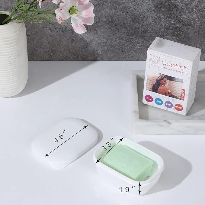 Quatish Leakproof Soap Dish with Lid & Draining Layer, Shatterproof Travel Bar Soap Holder Case Container, Portable Travel Size Toiletries Essentials for Camping, Gym, Bathroom, White