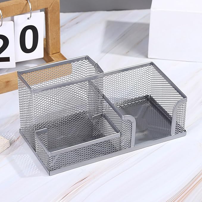 2 Pcs Metal Pen Holder for Desk with 3 Compartments, Office Desktop Organizer Pencil Cup Caddy for Stationery Marker Storage School Home Supplies(Black，Silver (Silver)
