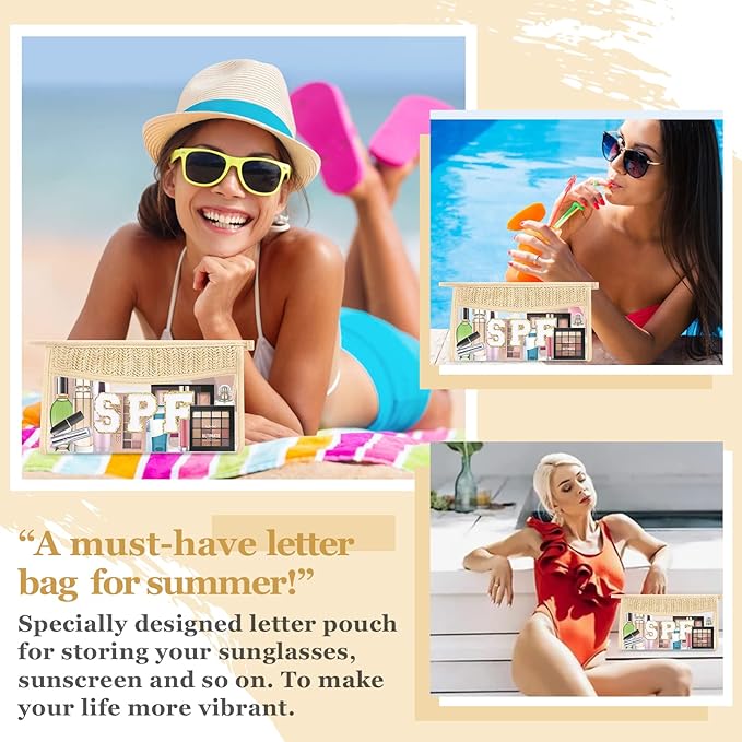 2 Pcs Boho Straw Clear Makeup Letter Pouch, Sunscreen Bags for Travel Beach, Waterproof SPF Best Beach Accessories