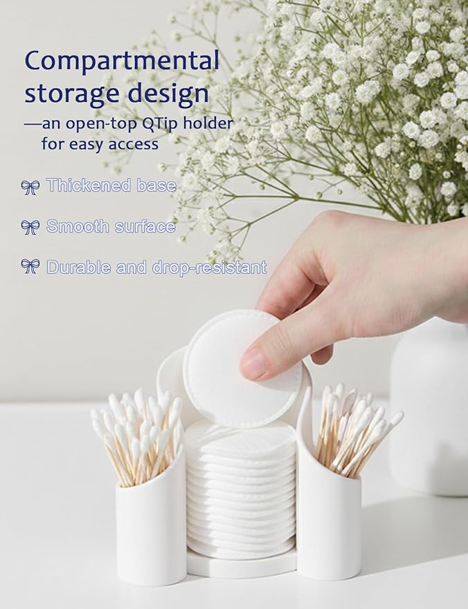 Qtip Holder & Cotton Pad Holder – White Open Bathroom Organizer for Vanity Accessories, Small Countertop Storage Box, Cotton Round Dispenser for Modern Decor