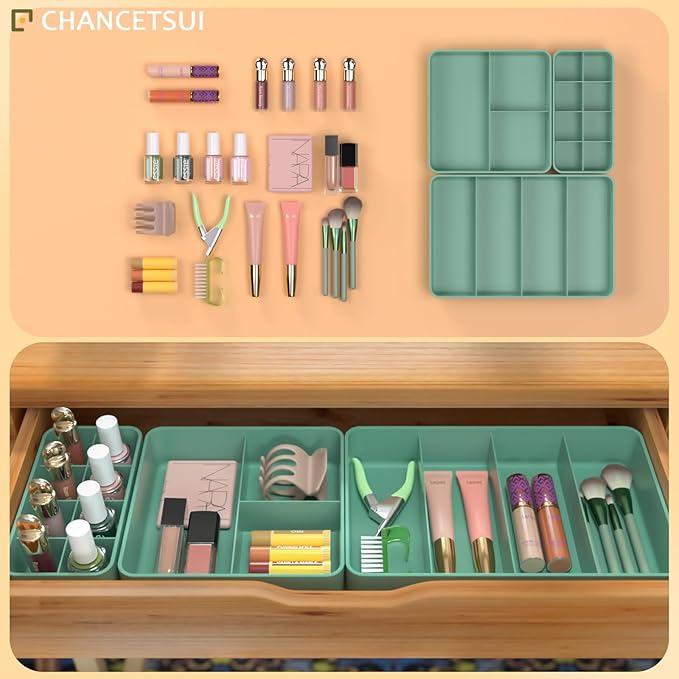 CHANCETSUI Drawer Organizer Storage Tray Set – Modular, Stackable Bins for Vanity, Bathroom, Makeup & Personal Care – Boho Style Plastic Trays with Customizable Slots, Durable & Space-Saving Design