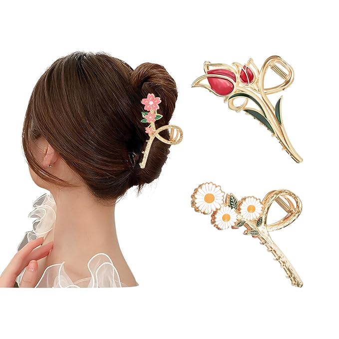 3-Piece Floral Metal Hair Clips: Orchid, Tulip, Daisy Barrettes for Thin/Medium Thick Hair - Elegant Strong Hold Non-Slip Catch Clip Accessories