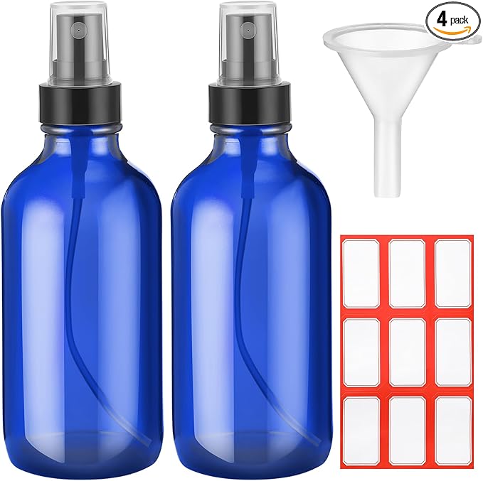 Fumete 2 Pack Glass Bottles 4oz Empty Refillable Liquid Containers with 1 Label 1 Funnel for Essential Oils Hair Travel Plants Cleaning Skin Care(Blue, Black Top,Mist Bottle)