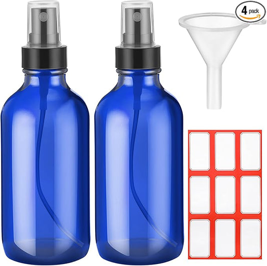 Fumete 2 Pack Glass Bottles 4oz Empty Refillable Liquid Containers with 1 Label 1 Funnel for Essential Oils Hair Travel Plants Cleaning Skin Care(Blue, Black Top,Mist Bottle)