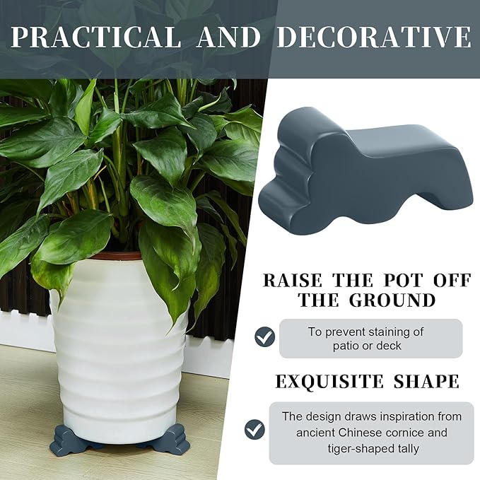 Kigeli 6 Pcs Resin Garden Pot Feet for Outdoor Planters 3 Inch Long 1.5 Inch Tall Flower Handmade Elevator Plant Feet Frost Proof Lifter for 14-20 in Pot(Blue Gray,Classic)
