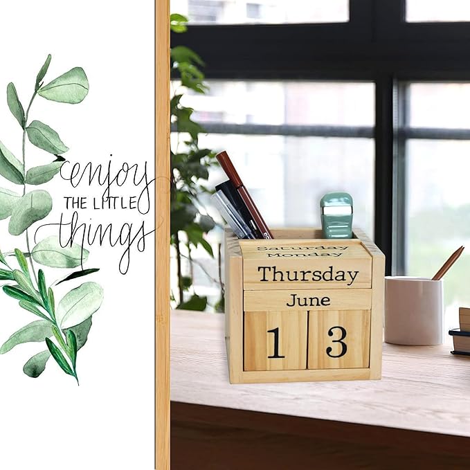 Wooden Blocks Perpetual Calendar with Pen Holder - Natural Pine Wood Home Office Desk Organizer -Reusable Date Week Month Accessories Tabletop Ornament