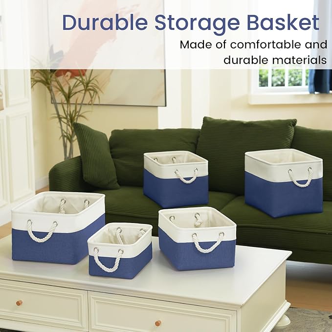 VQRTEXA Storage Baskets for Shelves 13.8x9.8x6.7 Inch, Foldable Fabric Storage Bins with Handles, Small Storage Baskets for Organizing Closet, Bathroom, Office, Home Organization (3-Pack, White&Blue)
