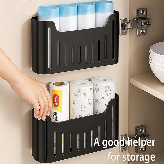 Kitchen Cabinet Door Storage Box, Self-Adhesive Wall-Mounted Storage Box, Wardrobe/Bathroom/Refrigerator Small Item Organizer (Black)