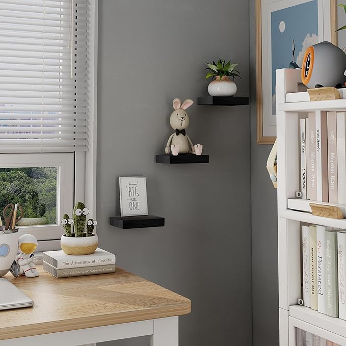 Small Floating Shelves for Wall - 6 Inch Mini Square Black Shelves for Bedroom, Living Room, Bathroom, Kitchen, Office Decor Set of 3