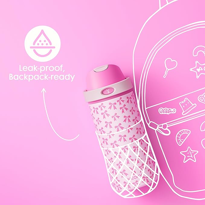 18 oz Kids Water Bottle for School: Meoky 18 oz Stainless Steel Insulated Water Bottle with 2-in-1 Straw and Spout Lid - Leak Proof, Fits in Car Cup Holder, BPA-Free for Teen Girls, Pink Bows