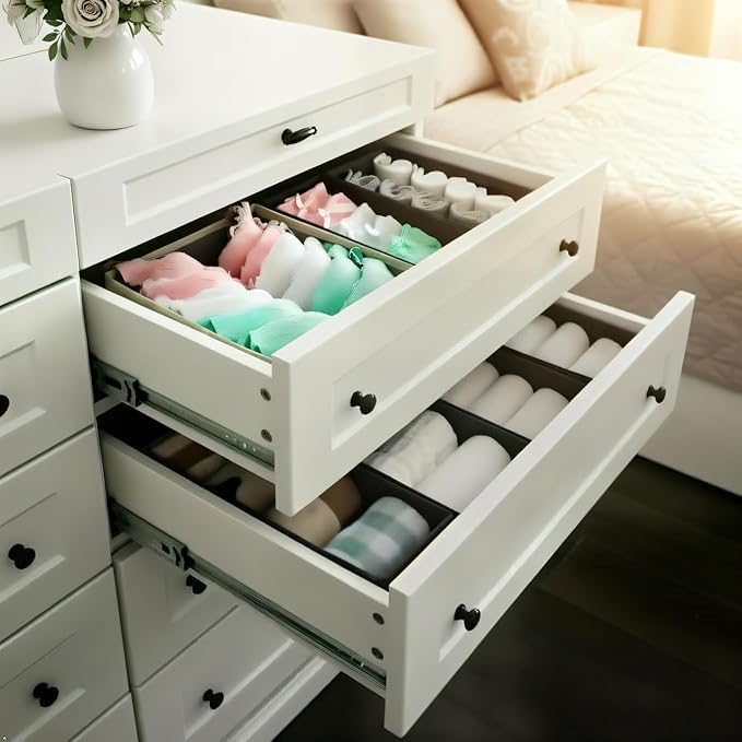 Bructhun Sock Drawer Organizer 3 Pack - Foldable Fabric Storage Bins for Underwear Divider, Small Closet Organizers with 3 Compartments, Light Gray