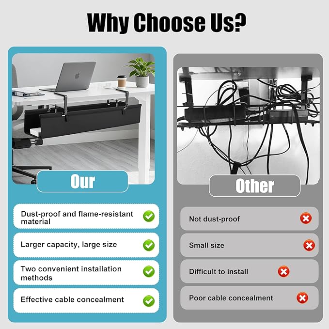 Oxford Cloth Under Desk Cable Management Tray, No-Drill 48" Desk Cable Management Organizer with Clip/Screw Installation, Holds Up to 70 lbs, Fabric Cable Management for Home, Office & Gaming Computer