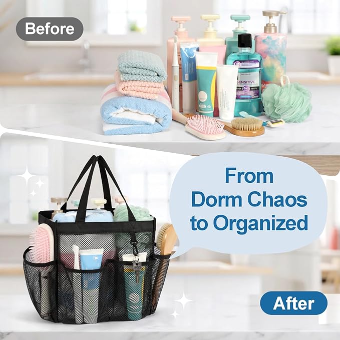 F-color Mesh Shower Caddy Portable - 2 Handles Upgrade Deeper 7 Pockets Basket Bag Tote for College Dorm Room Toiletry Bathroom Essentials Gym Camp Quick Dry with S Hook, 2 Pack, Black & Blue