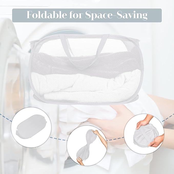 4 Pack Collapsible Laundry Baskets, Foldable Laundry Basket with Pocket, Durable Pop Up Hampers, Reinforced Handles Dirty Clothes Hamper for Laundry, Bedroom, Bathroom, Dorm, Travel or Camping White