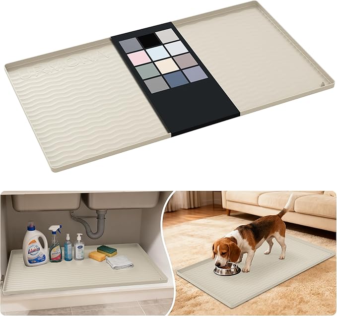 URMONA Waterproof Silicone Under Sink Mat 34'' x 19'' Shelf Liner for Kitchen and Bathroom, Cabinet and Counter Protector, Storage and Organizers, Litter Mat, Pet Cat Puppy Essentials(Cream)