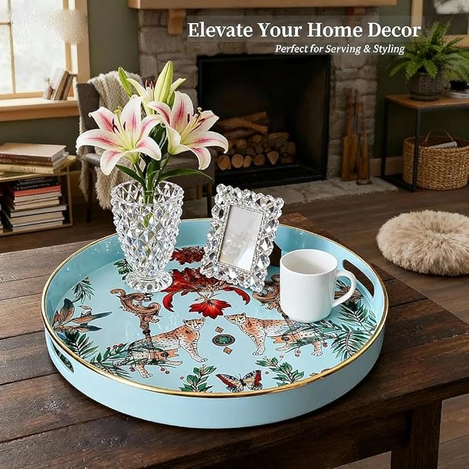 Zosenley Round Decorative Tray, 13 Inch Plastic Serving Tray with Handles, Leopard Style Vanity Organizer for Ottoman, Coffee Table, Kitchen, Bathroom (Blue)