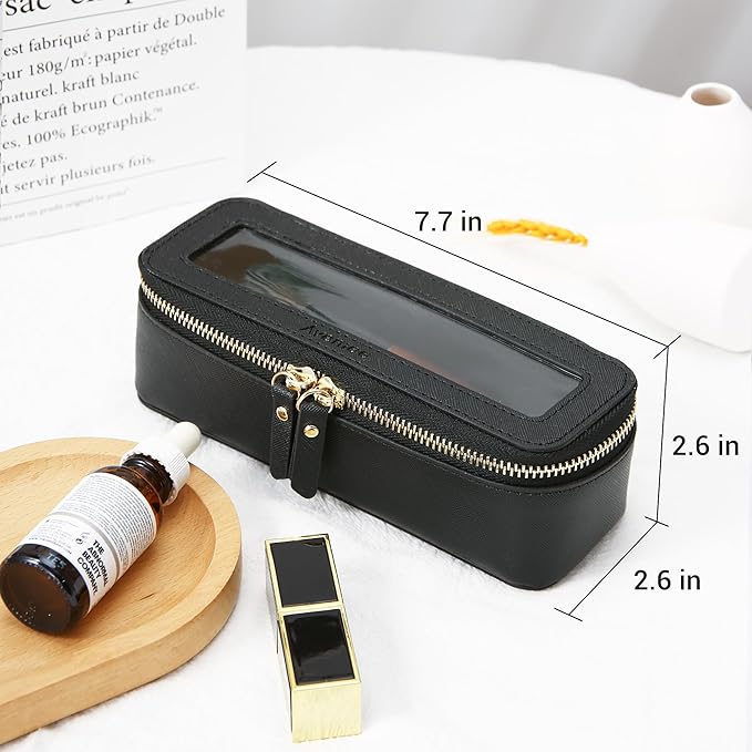 Aveniee Clear Makeup Brush Bag,Slim Cosmetic Brush Holder,Small Toiletry Bag Mini Travel Case for Women,Thin Make up Bags with Dual Zipper,Cute Travel Essentials Organizer,Black