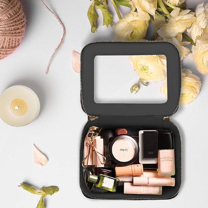 Prite Clear Makeup Bag Cosmetic Organizer Case Waterproof Travel Toiletry Bag Skincare Pouch with Golden Zipper (Black)