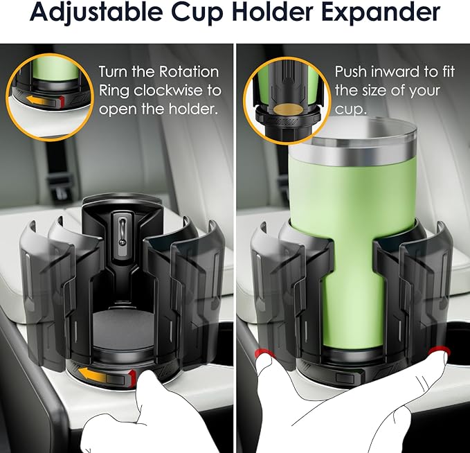 Car Cup Holder Expander: One-Button Open, Universal, Adjustable Holder (Diameter 2.6"- 4.8"), Cup Holder Expander for Yeti, Hydro Flask, Nalgene, Takeya, Camelbak, Ramblers, Owala, Tumblers, Mugs