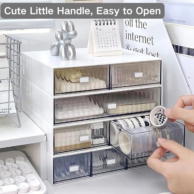 Hacaroa 3 Tier Mini Desk Organizer with 6 Drawers, Plastic Desktop Drawers Storage Box, Stackable Makeup Organizer Craft Storage Case for Office, School, Bathroom, Detachable Design, White