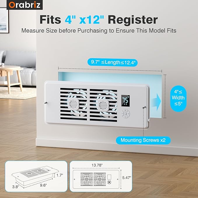 AC Vent Booster Fan 4" x 12" Register, Quiet 10-Speed Register Booster Fan with Thermostat Control, Remote & LCD Display, Aroma Pad Slot, Fixes Hot & Cold Spots in Rooms