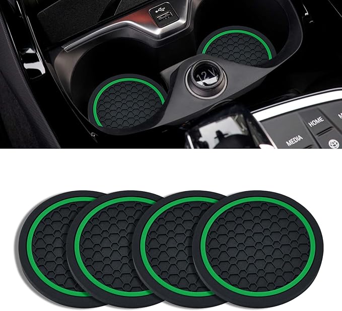 4PCS Car Cup Holder Coasters, 2.75 Inch Non-Slip Insert Cup Holder Pad, Dustproof Automotive Interior Accessories Mat, Universal for Trucks, Vehicles, RVs and More (Black/Green)
