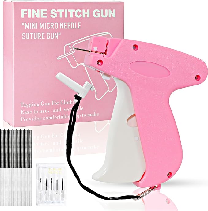 Stitch Gun for Clothes， Handheld Stitch Gun Quick Clothing Fixer，Sewing Kit Includes 1,000 Black Fasteners & 1,000 White Fasteners & 6 Needles (Pink-White)