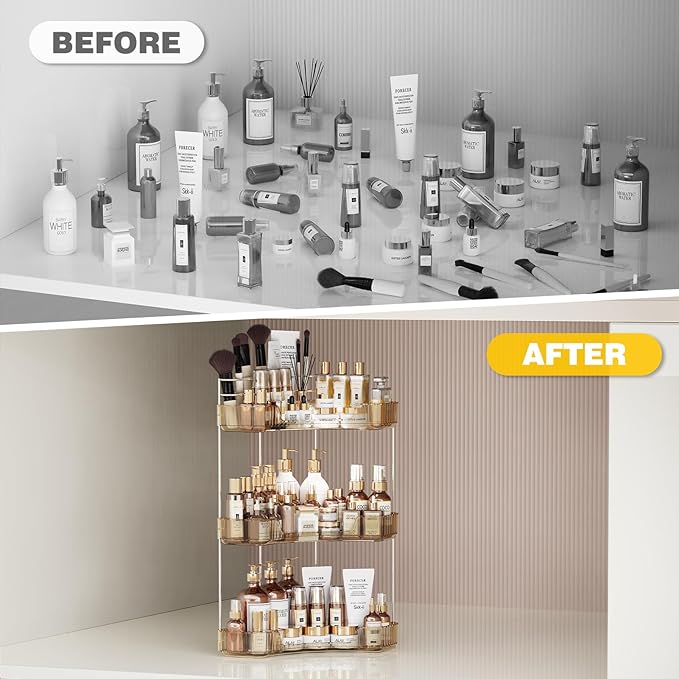 3-Tier Corner Bathroom Counter Organizer with Top Toothbrush Holders,Large Makeup Organizer Countertop with Brush Holder,Skincare Organizers Corner,Exquisite Vanity Organizer (Gold, 3 Tier)