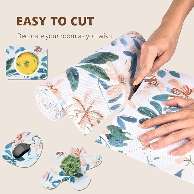 Shelf Liners for Kitchen Cabinets 17in x 20FT, Non Adhesive Drawer Liner Colored Flowers Thickened Shelf Liner Non-Slip Easy to Clean for Tool Box Refrigerator with Knife and Tape Measure