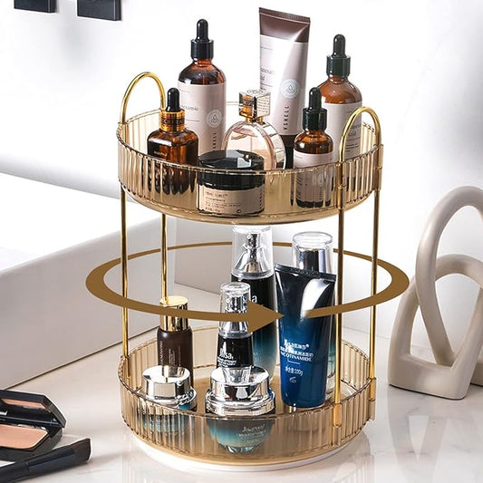 Rotating Makeup Organizer for Vanity, High-Capacity Skincare Clear Makeup Storage Perfume Organizers Cosmetic Dresser Organizer Countertop 360 Spinning (Gold, 2 Tier)