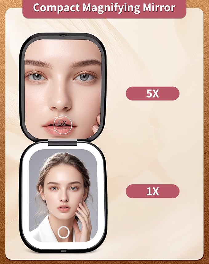 WOBSION Rechargeable 5X Magnification LED Travel Makeup Mirror,Dimmable Portable Compact Mirror for Pocket,Purses and Handbag,Gift,Black