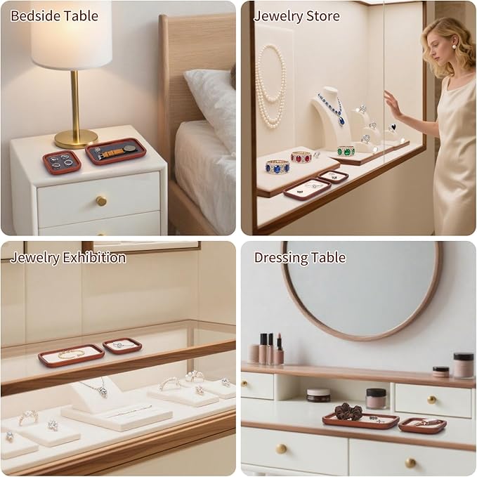 Wooden Jewelry Display Tray Rounded Rectangle Ring Showcase Stackable Elegant Bracelet Watch Jewelry Organizer for Personal Use and Commerce (Gray, Large-W 7'' x H 0.6'' x L 7.9'')