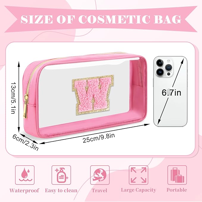 Personalized Initial Letter Clear Makeup Bag, Preppy Small Nylon & PVC Cosmetic Zipper Bag with Chenille Letter, Portable Beach Travel Skincare Toiletry Bag, Trendy Monogram Gift for Teen Girls Women, W