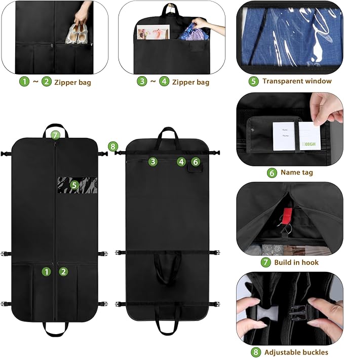 KEEGH Garment Bags for Travel 54" Tri-fold Garment Bag for Dresses Long Suit Bags Dress Bags for Closet Storage Hanging Clothes for Suit Coats Tuxedos Dresses with 4 Big Pockets, Black