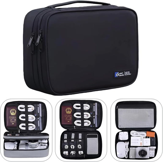 Electronics Organizer Travel Case,Cord Organizer Travel, Double-Layer Cable Organizer Bag, Tech Pouch Accessories Carry Storage For Phone, Cables, Airpods, USB, Sd Card,Essentials (Black)