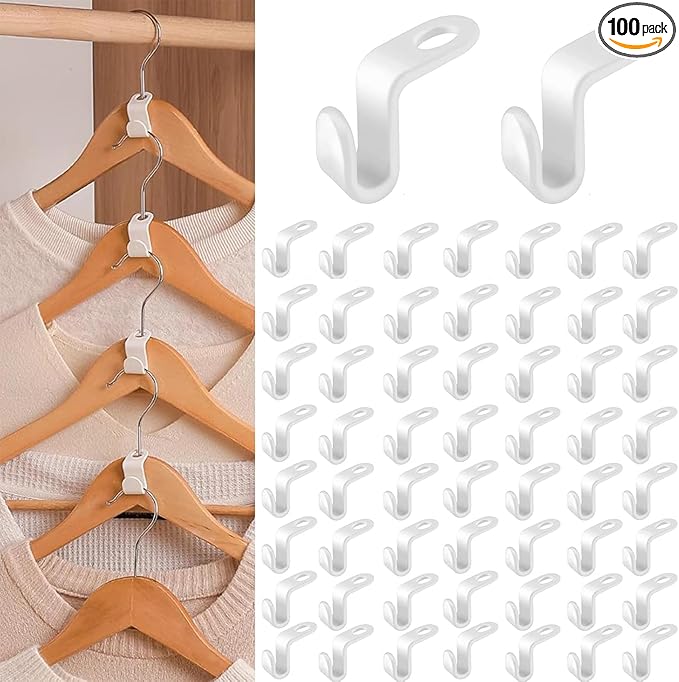 100PCS Hanger Hooks, Clothes Connector Hooks Space Saving Cascading Hangers White Closet Organizer Hanger Clips for Plastic Hangers