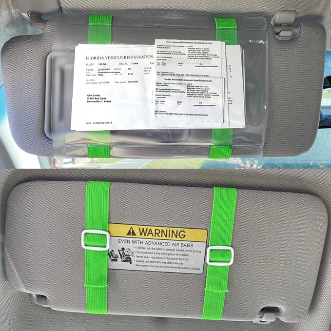 Car Registration and Insurance Holder Visor - Durable Elastic Band & Buckle Closure Conveniently Stores Documents - Essential Car Accessory (Neon Green/White), Made in USA