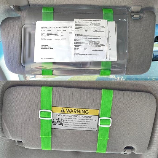 Car Registration and Insurance Holder Visor - Durable Elastic Band & Buckle Closure Conveniently Stores Documents - Essential Car Accessory (Neon Green/White), Made in USA