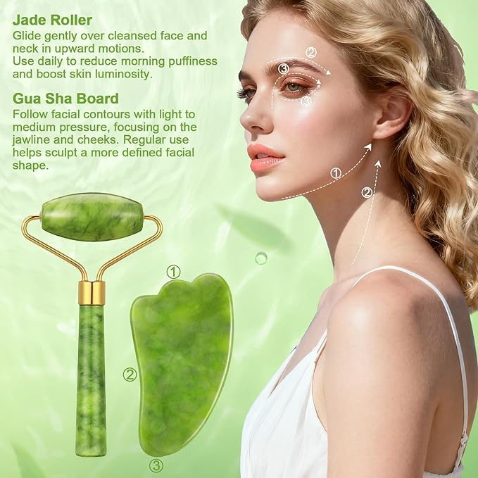 6Pcs Jade Roller for Face,Gua Sha Facial Tools for Women Natural Face Roller Massager Tool for Skincare, Makeup