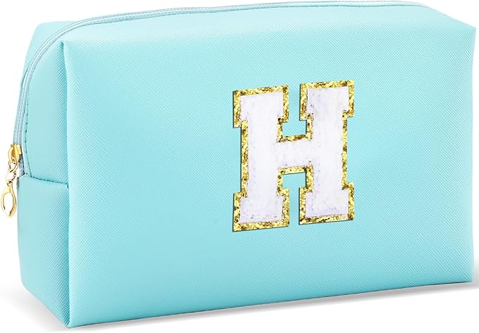 Gifts for Girls Initial Makeup Bag Personalized Cosmetic Bag with Zipper Cute Travel Toiletry Bag Waterproof PU Preppy Makeup Pouch Birthday Gift for Teen Girls Women(Blue H)