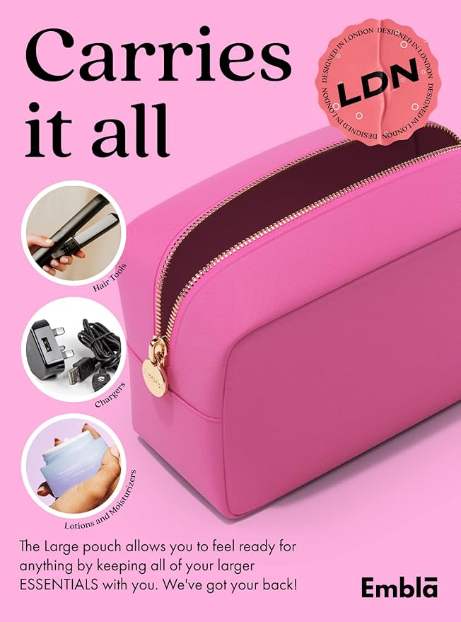 Embla Makeup Bag Travel Cosmetics Pouch and Toiletry Bag, Nylon Zipper Pouch Purse, Cute Make Up Organizer Storage Tote for Women Girls, Travel Skincare Case, Large Makeup Bags, Bubblegum