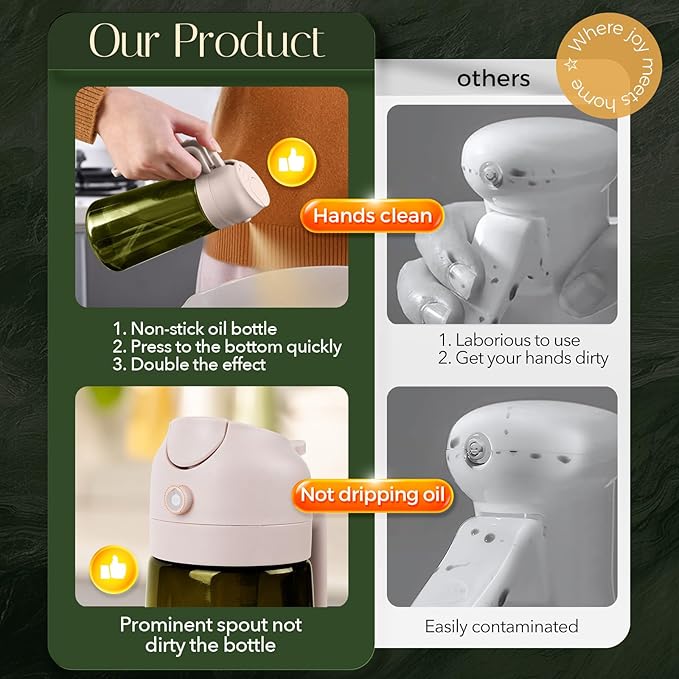 YARRAMATE 16oz/470ml Light-Blocking Dark Oil Sprayer for Cooking, 2 in 1 Olive Oil Dispenser Bottle for Kitchen,Dark Green Glass Oil Bottle, Food-Grade Oil Mister for Air Fryer, BBQ (LotusRootPink)