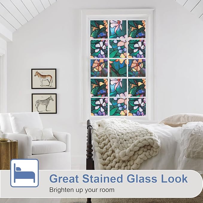 Window Privacy Film Stained Glass Window Films Day and Night, Static Cling Decorative Window Tinting Clings Door Covering for Home, Bathroom, Sun Blocking Decals Stickers (17.5" x 78.7")