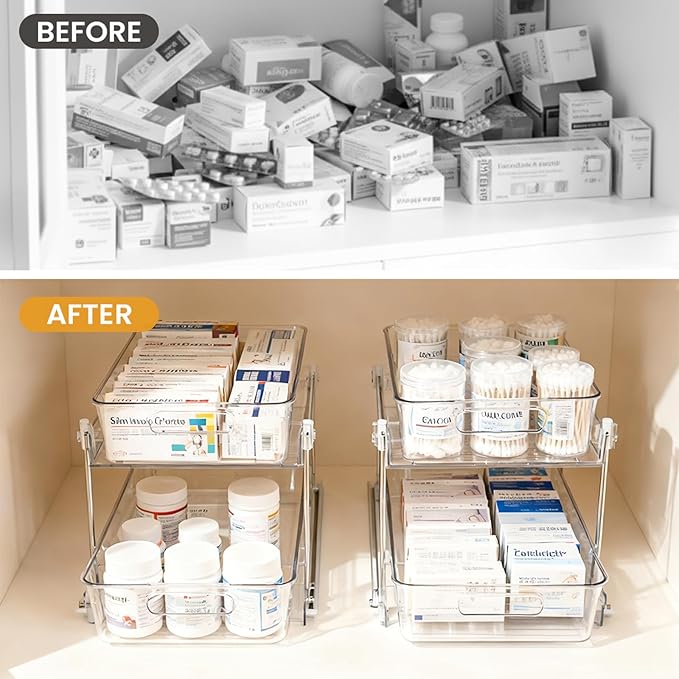 1 Pack 2-Tier Bathroom Organizers and Storage, Clear Under Sink Organizer Vanity Countertop Storage Pantry Organizers, Pull-Out Cabinet Organizer With Track For Bathroom, Kitchen, Pantry