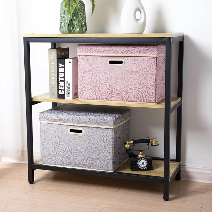 PRANDOM Larger Collapsible Storage Cubes with Lids, Fabric Decorative Storage Bins Boxes Organizer Containers Baskets with Cover Handles for Bedroom Closet Living Room 17.7x11.8x11.8 Inch, 3 Pack
