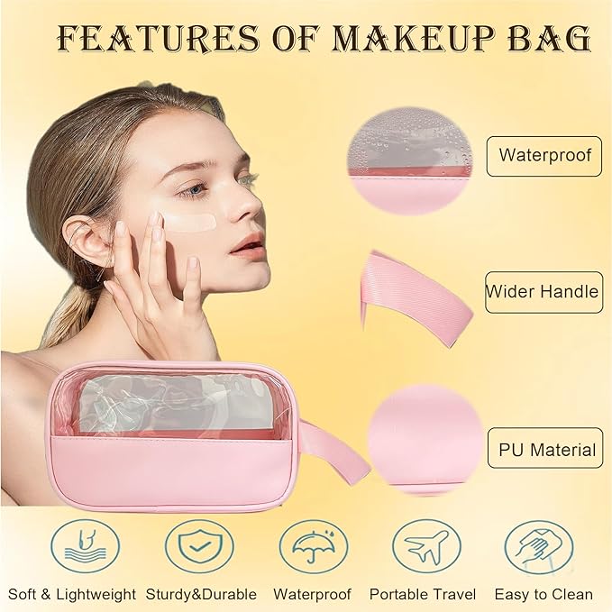 Clear Makeup Bag, Portable Travel Toiletry Cosmetic Bag Case for Women, TSA Approved Transparent PVC Waterproof Clear Pouch for Travel Essentials for Women - Pink