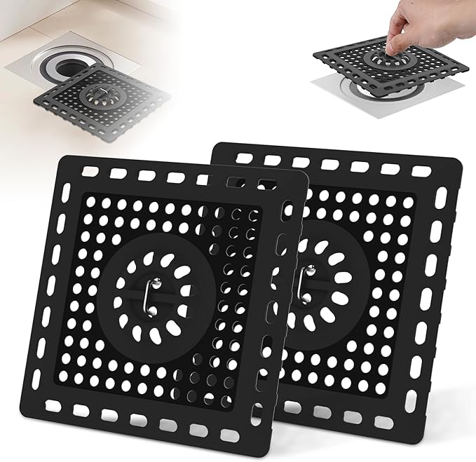 Hibbent 2 Pack Shower Drain Hair Catcher, Shower Drain Cover for Bathroom Floor 4" Drain, Anti-Clogging Bathtub Drain Strainer, Stainless Steel Kitchen Sink Drain Strainer with Handle, Matte Black