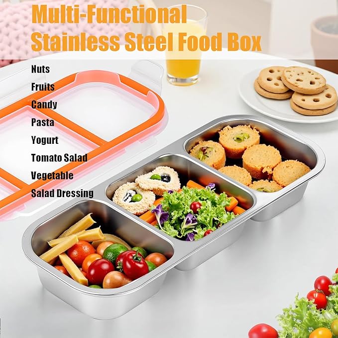 1PC 3 Compartment Grab and Go Snack Containers with Spoon Fork, Reusable Stainless Steel Snack Containers with Lids, Double Compartment Condiment Container for Travel and Outdoor Camping (3)